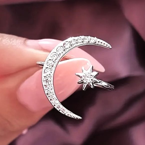 Ring Star & Moon Rhinestones Sparkle Silver Alloy Silver Hippie Earth Celeste - Picture 3 of 5